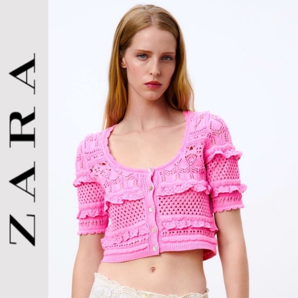 Zara Sweaters Zara Pink Pointelle Knit Crop Crochet Ruffle Cardigan